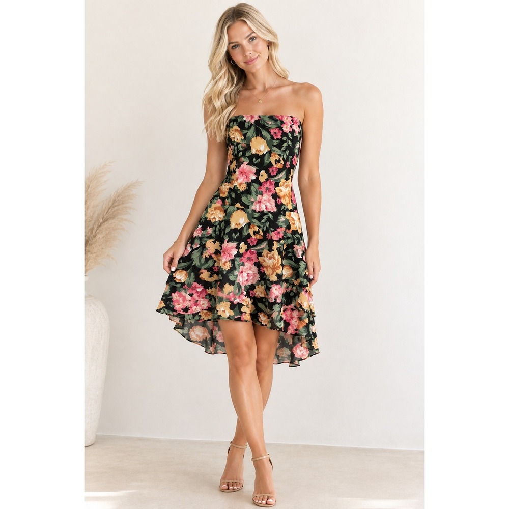 NWT Lulus Halter Floral Dress Small Black Ruffles Tie Back